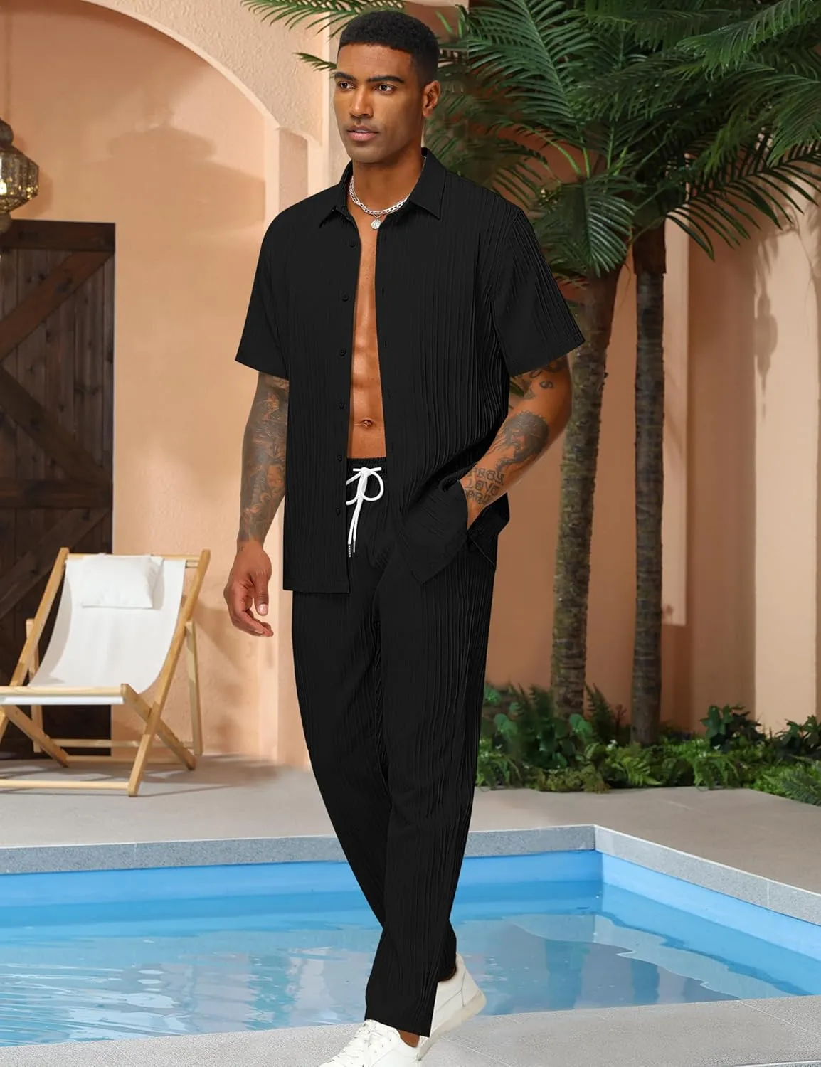 LecGee Men's 2 Piece Vertical Striped Textured Outfits Summer Casual Button Down Shirts And Pants Matching Sets