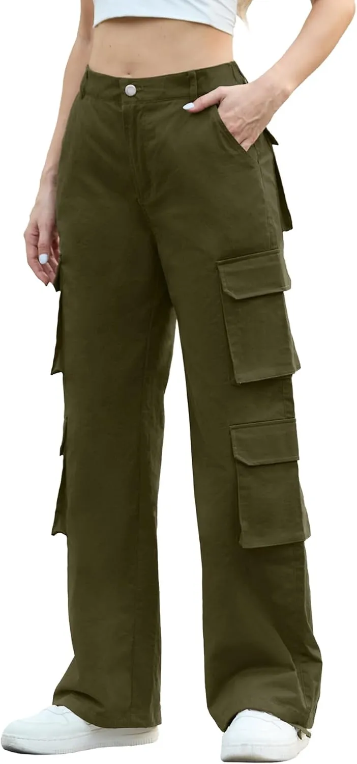 Lepunuo Womens Cargo Pants High Waisted Casual Pants Baggy Stretchy Wide Leg Y2k Streetwear with 8 Pockets