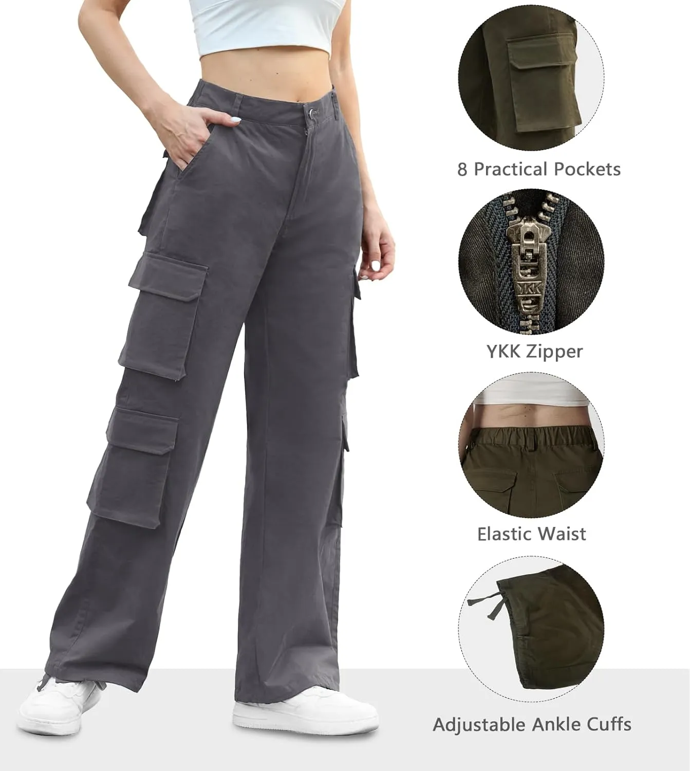 Lepunuo Womens Cargo Pants High Waisted Casual Pants Baggy Stretchy Wide Leg Y2k Streetwear with 8 Pockets