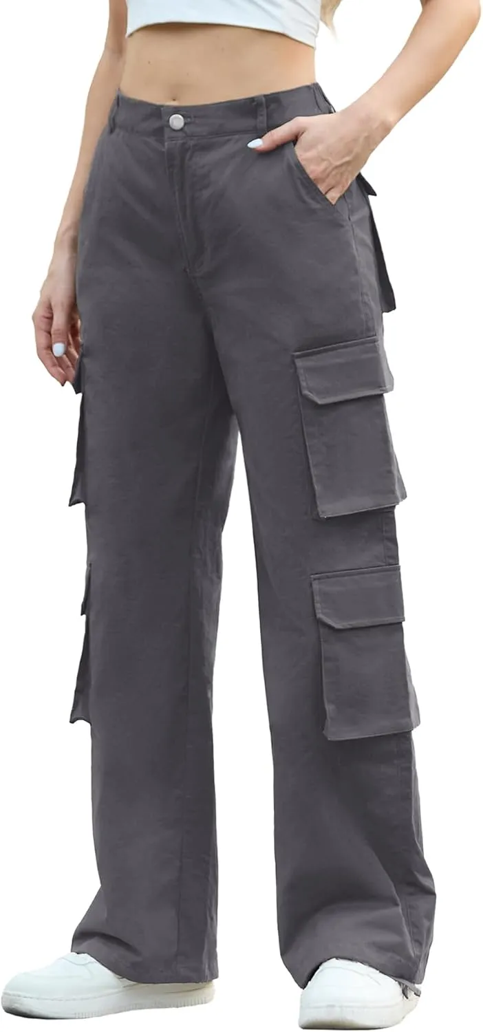 Lepunuo Womens Cargo Pants High Waisted Casual Pants Baggy Stretchy Wide Leg Y2k Streetwear with 8 Pockets