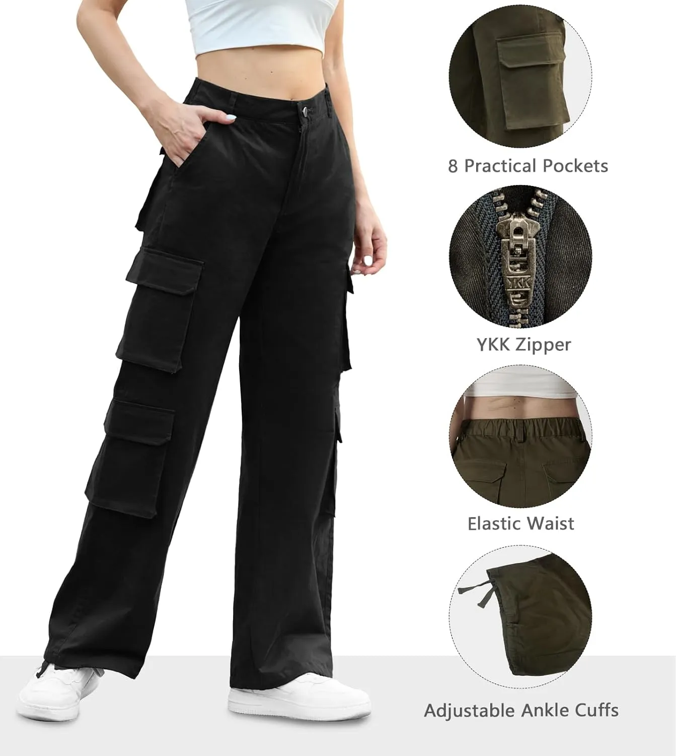 Lepunuo Womens Cargo Pants High Waisted Casual Pants Baggy Stretchy Wide Leg Y2k Streetwear with 8 Pockets