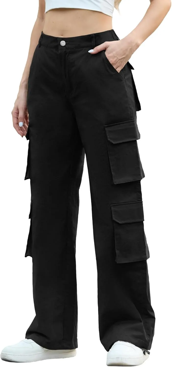 Lepunuo Womens Cargo Pants High Waisted Casual Pants Baggy Stretchy Wide Leg Y2k Streetwear with 8 Pockets