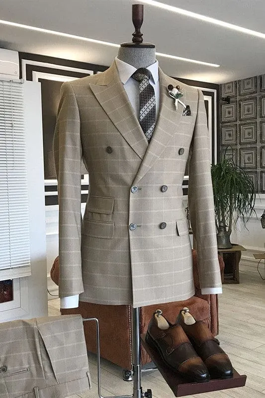 Light Khaki Peaked Lapel Plaid Men Business Suits Double-Breasted Prom Suits