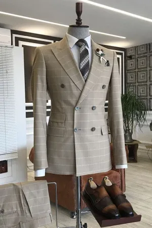 Light Khaki Peaked Lapel Plaid Men Business Suits Double-Breasted Prom Suits