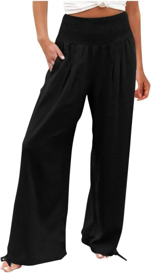 Linen Pant for Women High Wide Waisted Casual Petite Corseted Waist Fashion Flowy Solid Color Trouser with Pocket