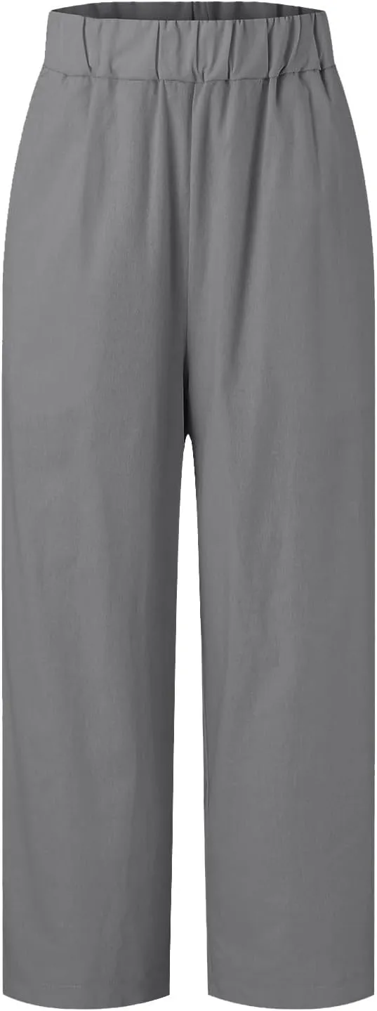 Linen Pants for Women Lightweight Casual Loose High Waist Straight Legs Trousers Summer Beach Yoga Pants with Pockets