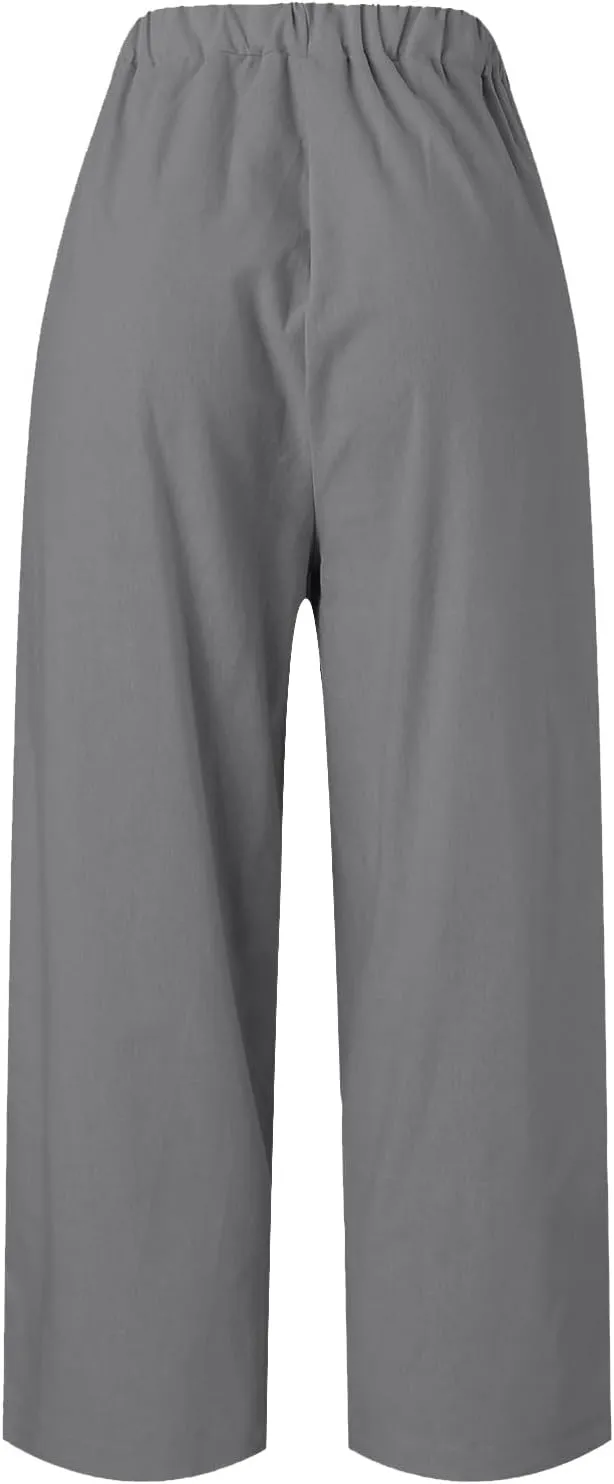 Linen Pants for Women Lightweight Casual Loose High Waist Straight Legs Trousers Summer Beach Yoga Pants with Pockets