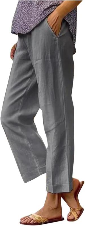 Linen Pants for Women Lightweight Casual Loose High Waist Straight Legs Trousers Summer Beach Yoga Pants with Pockets