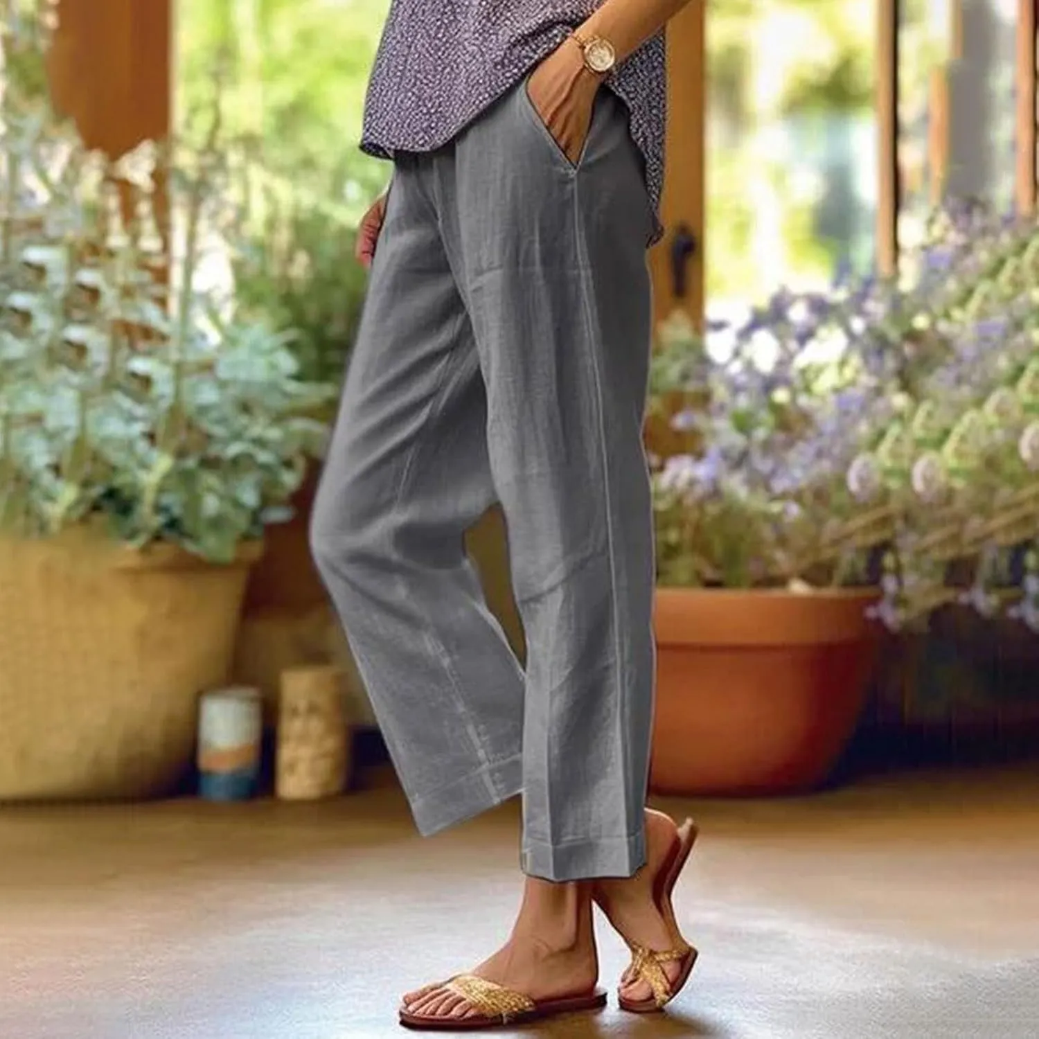 Linen Pants for Women Lightweight Casual Loose High Waist Straight Legs Trousers Summer Beach Yoga Pants with Pockets