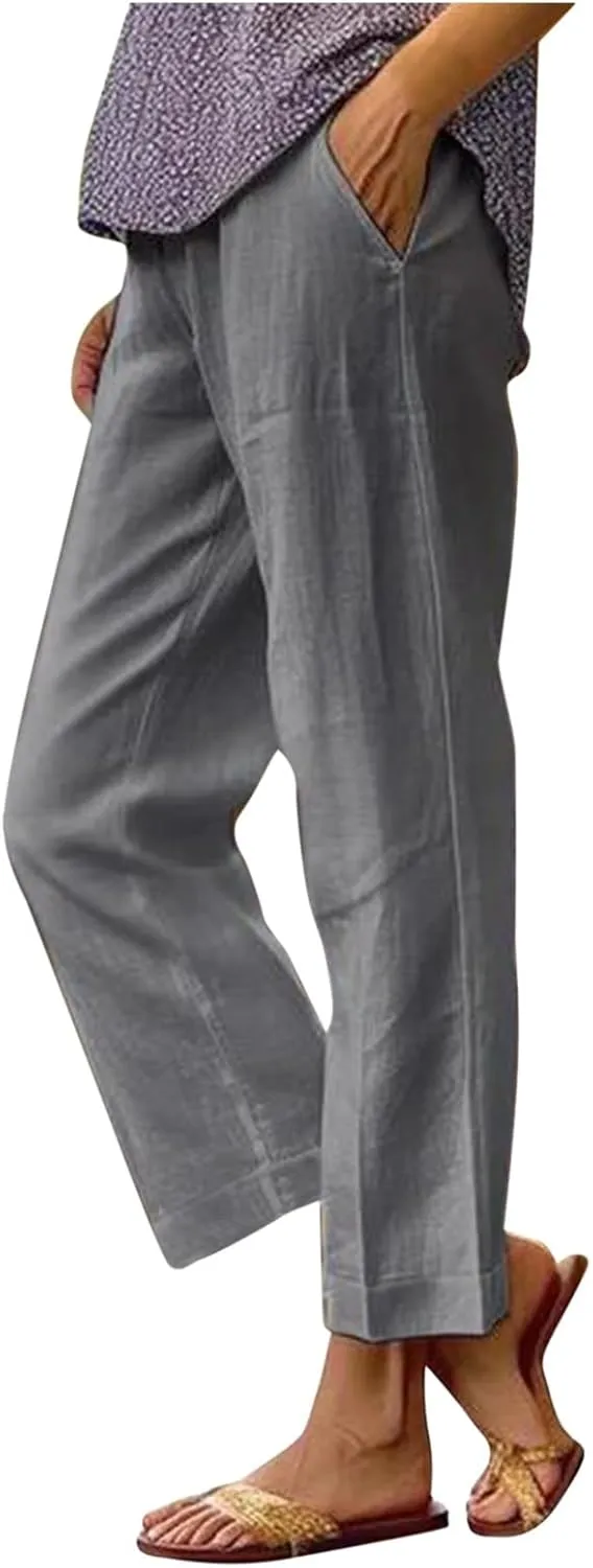 Linen Pants for Women Lightweight Casual Loose High Waist Straight Legs Trousers Summer Beach Yoga Pants with Pockets