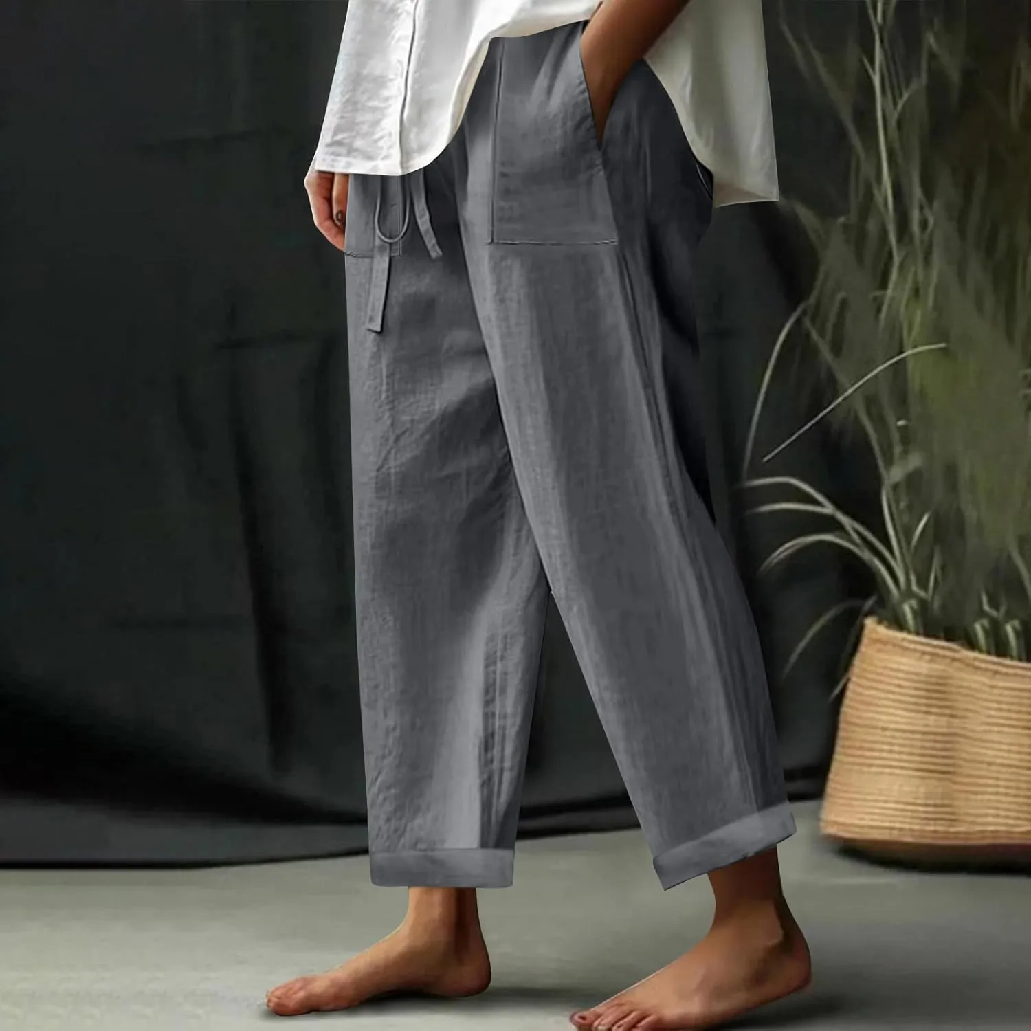 Linen Pants for Women Summer Casual Wide Leg Pants Elastic High Waisted Drawstring Beach Trousers with Pockets
