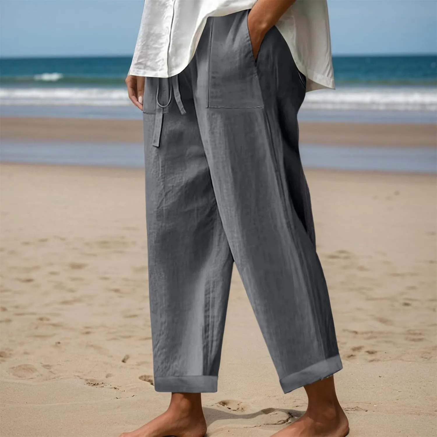 Linen Pants for Women Summer Casual Wide Leg Pants Elastic High Waisted Drawstring Beach Trousers with Pockets