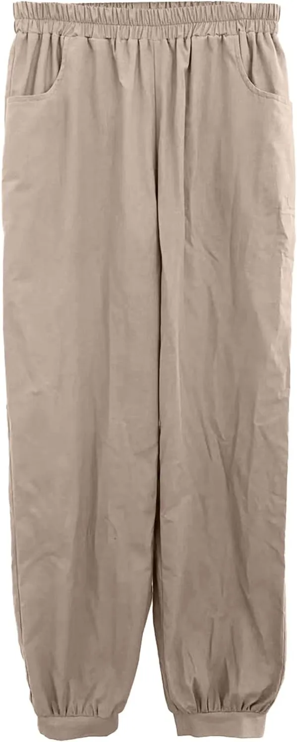 Linen Pants for Womens High Waisted Casual Loose Straight Pants Elasticity Waist Comfy 2025 Summer Travel Beach Trousers