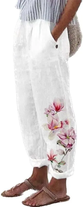 Linen Pants Women Straight Leg Summer Cotton Casual High Waist Elastic Linen Beach Pants