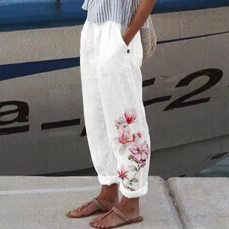 Linen Pants Women Straight Leg Summer Cotton Casual High Waist Elastic Linen Beach Pants