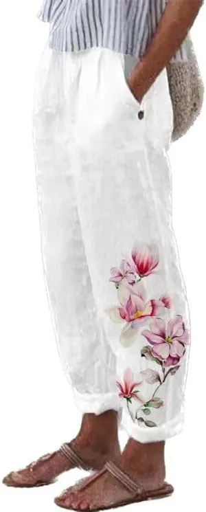 Linen Pants Women Straight Leg Summer Cotton Casual High Waist Elastic Linen Beach Pants
