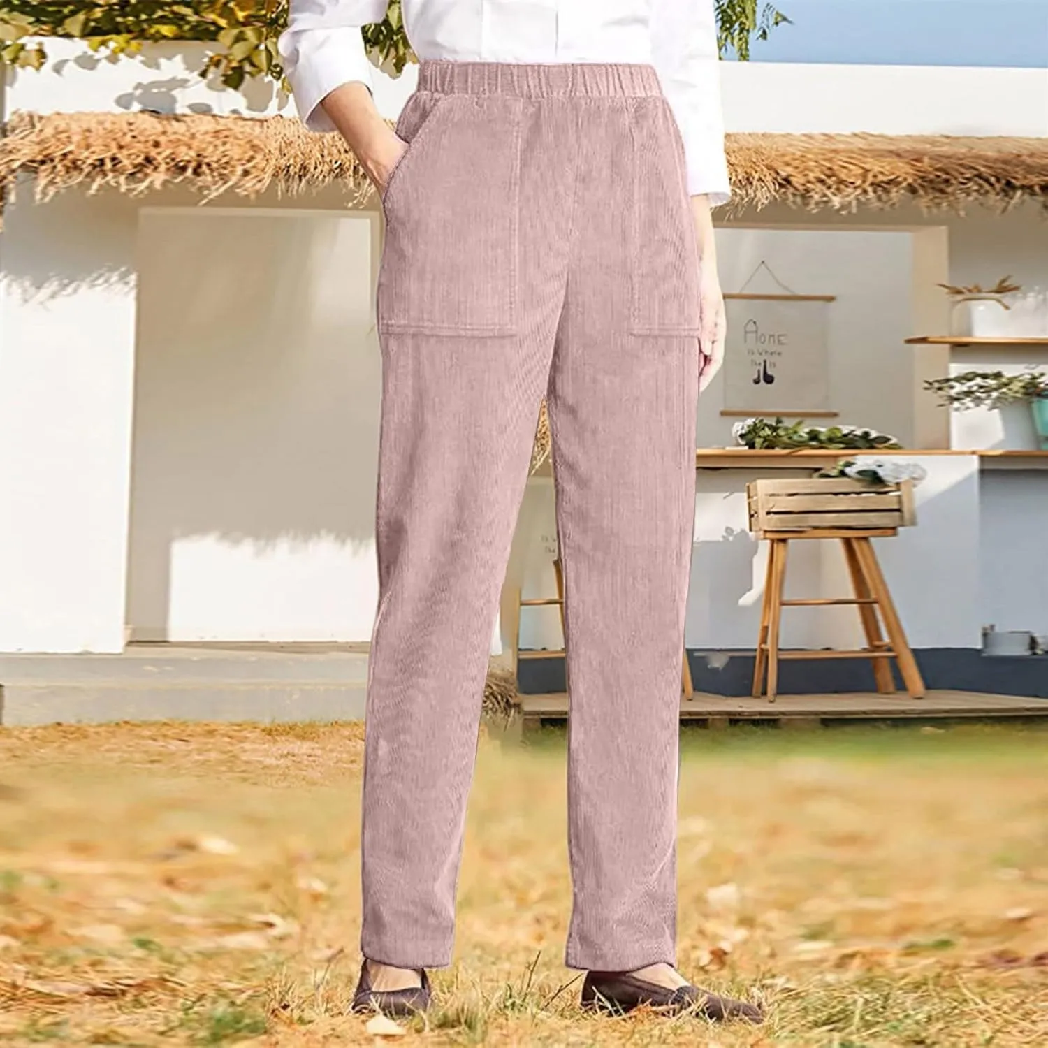 LOAIHA Corduroy Pants for Women Casual Drawstring Elastic High Waist Straight Leg Pants Trousers with Pockets