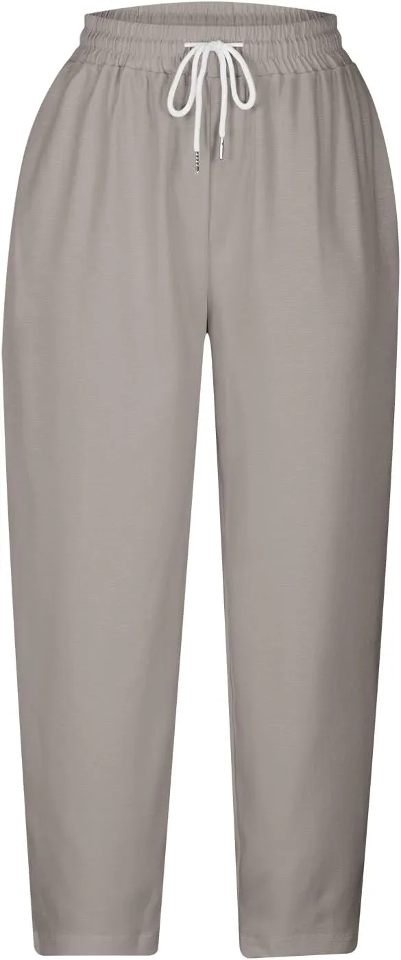 Loose Casual Harlan Pants for Women Drawstring Waist Wide Leg Lounge Pant Summer Casual Cropped Trousers with Pockets