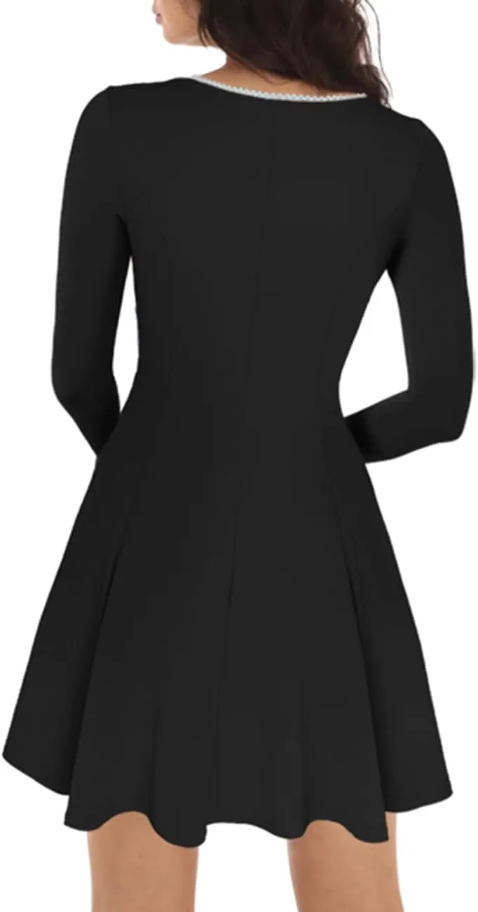 Lrady Womens Square Neck Bodice Dress Long Sleeve Flare A Line Club Party Mini Ruffle Swing Short Dresses