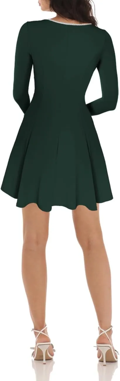 Lrady Womens Square Neck Bodice Dress Long Sleeve Flare A Line Club Party Mini Ruffle Swing Short Dresses