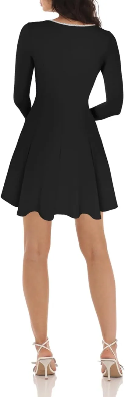 Lrady Womens Square Neck Bodice Dress Long Sleeve Flare A Line Club Party Mini Ruffle Swing Short Dresses