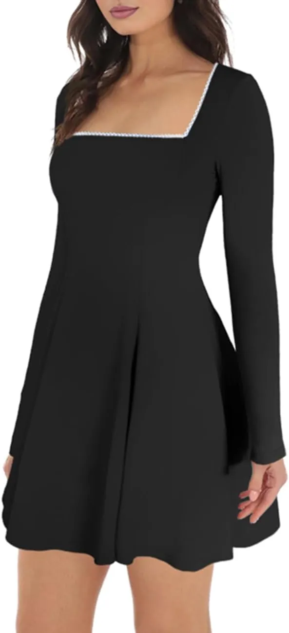 Lrady Womens Square Neck Bodice Dress Long Sleeve Flare A Line Club Party Mini Ruffle Swing Short Dresses