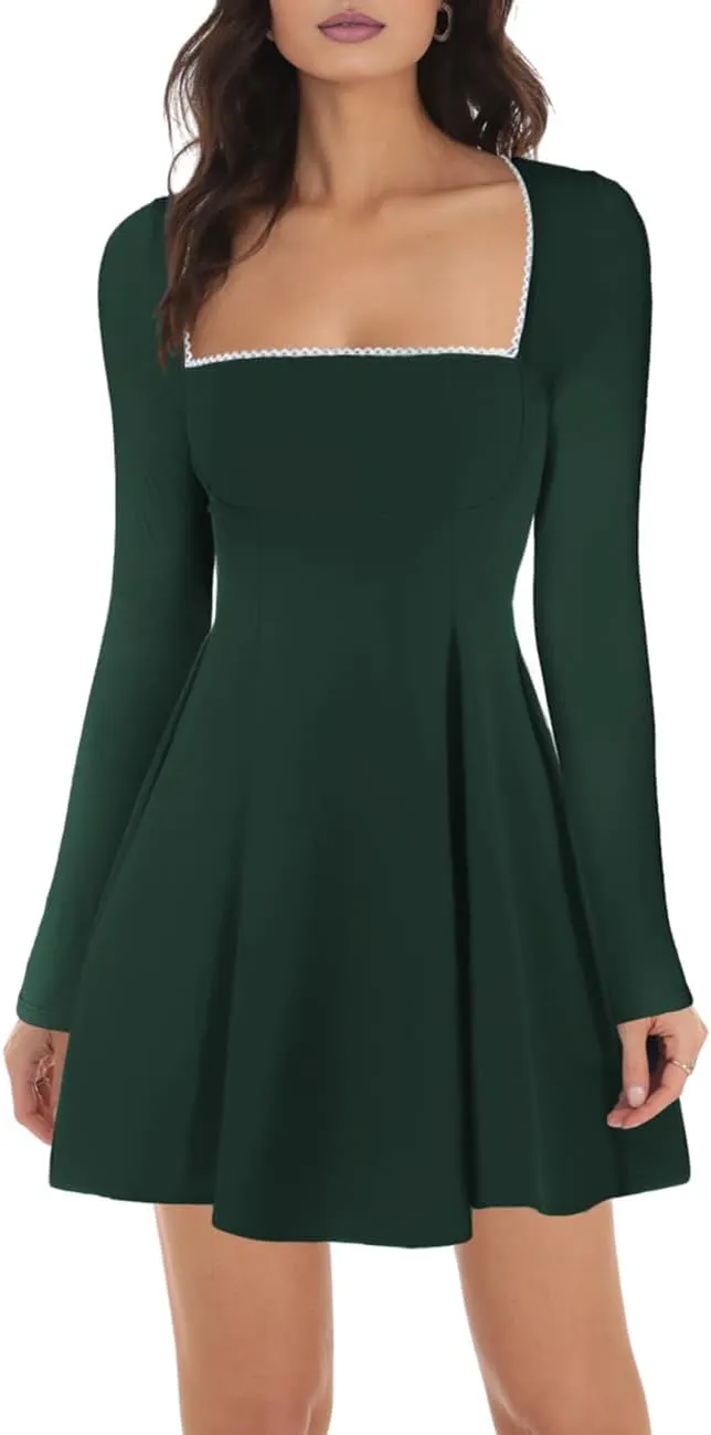 Lrady Womens Square Neck Bodice Dress Long Sleeve Flare A Line Club Party Mini Ruffle Swing Short Dresses