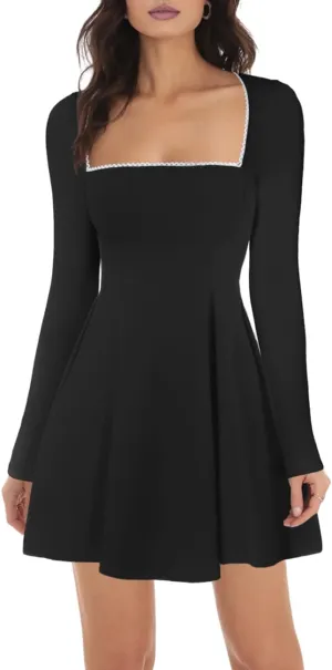 Lrady Womens Square Neck Bodice Dress Long Sleeve Flare A Line Club Party Mini Ruffle Swing Short Dresses