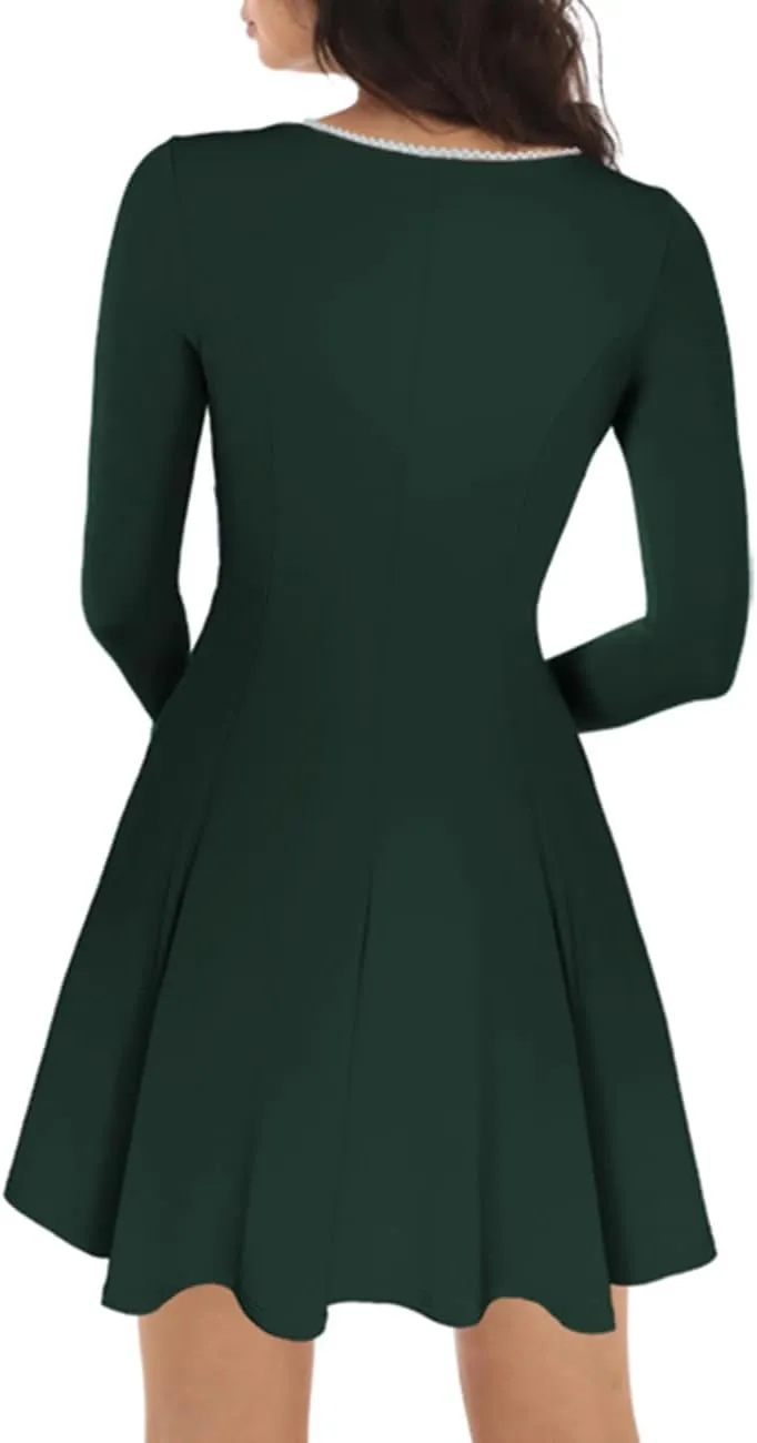 Lrady Womens Square Neck Bodice Dress Long Sleeve Flare A Line Club Party Mini Ruffle Swing Short Dresses