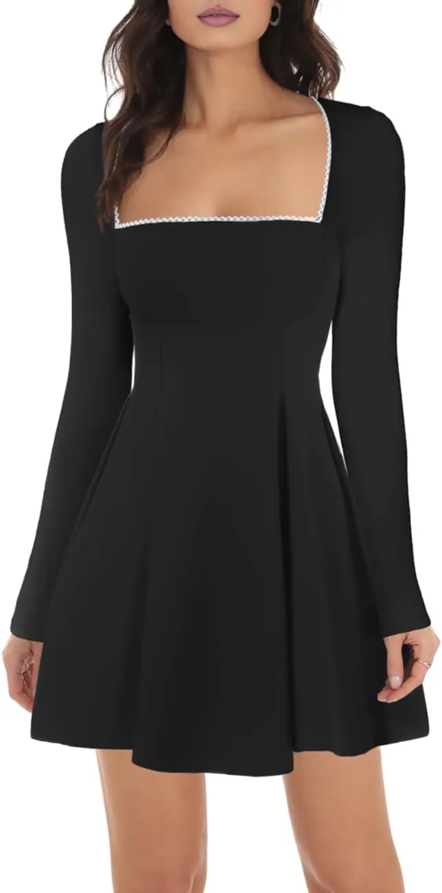 Lrady Womens Square Neck Bodice Dress Long Sleeve Flare A Line Club Party Mini Ruffle Swing Short Dresses