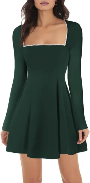 Lrady Womens Square Neck Bodice Dress Long Sleeve Flare A Line Club Party Mini Ruffle Swing Short Dresses