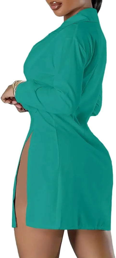 LYANER Women's Button Down Shirt Dress Collar V Neck Long Sleeve Slit Sexy Shirt Dresses