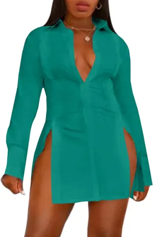 LYANER Women's Button Down Shirt Dress Collar V Neck Long Sleeve Slit Sexy Shirt Dresses