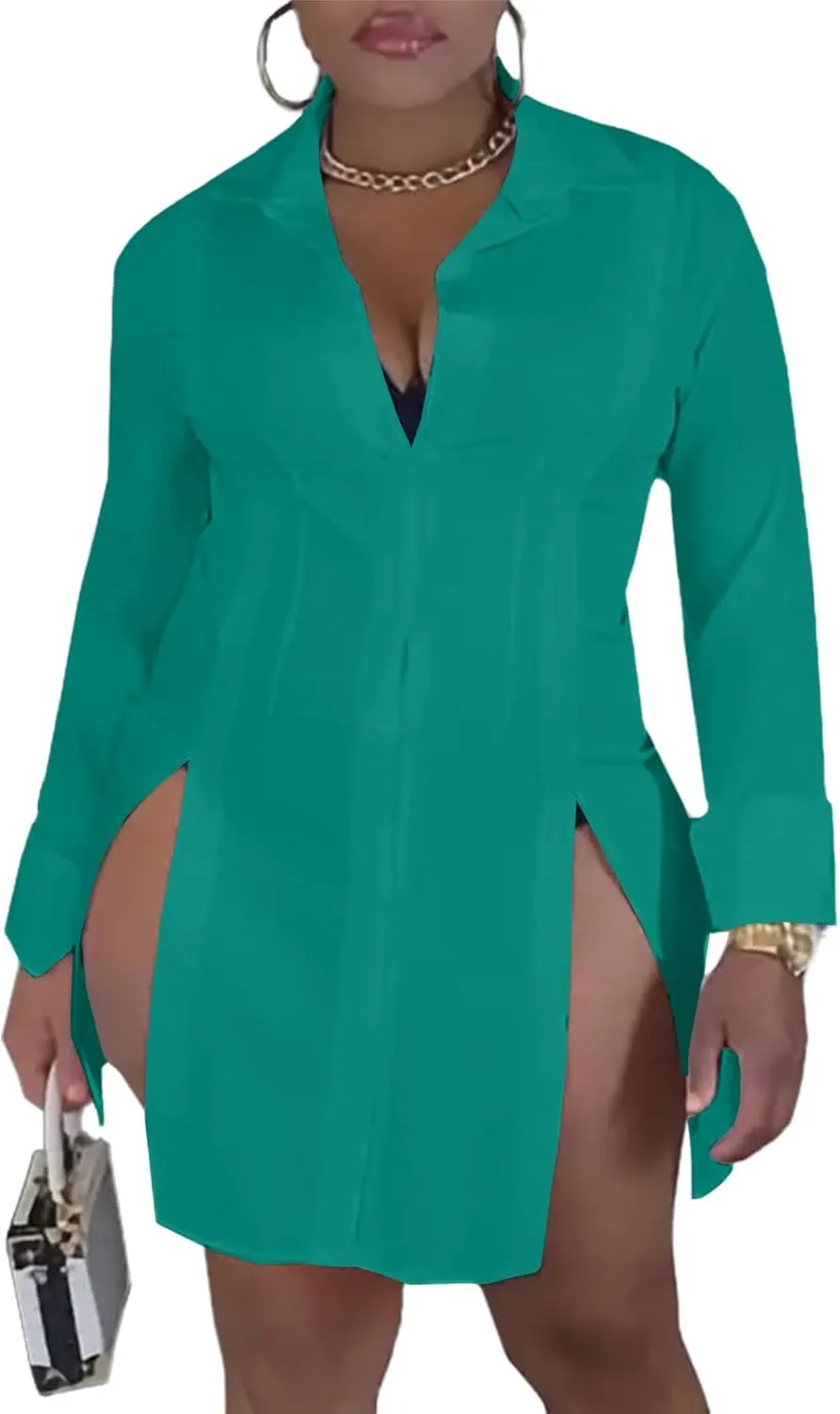 LYANER Women's Button Down Shirt Dress Collar V Neck Long Sleeve Slit Sexy Shirt Dresses