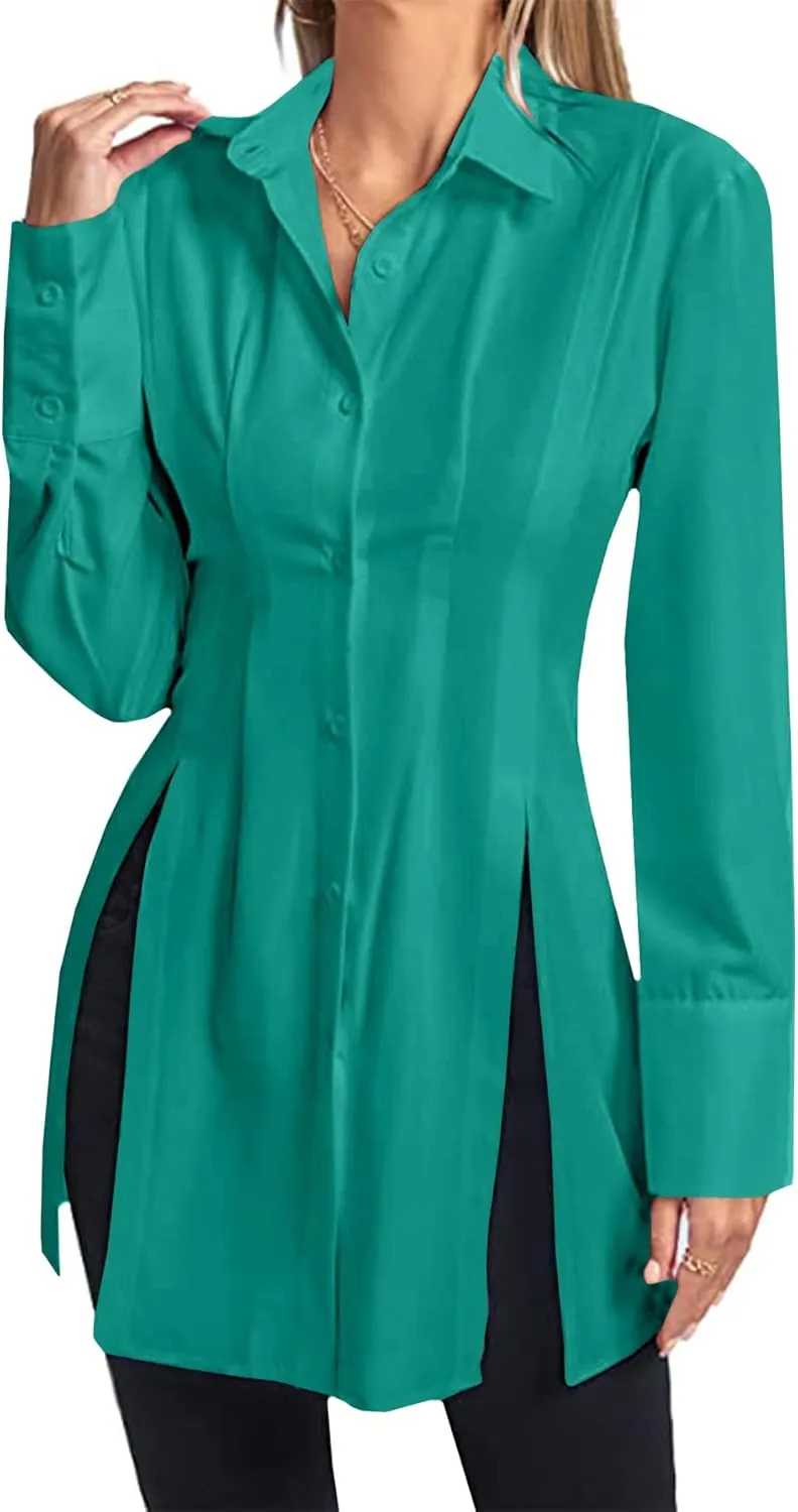 LYANER Women's Button Down Shirt Dress Collar V Neck Long Sleeve Slit Sexy Shirt Dresses