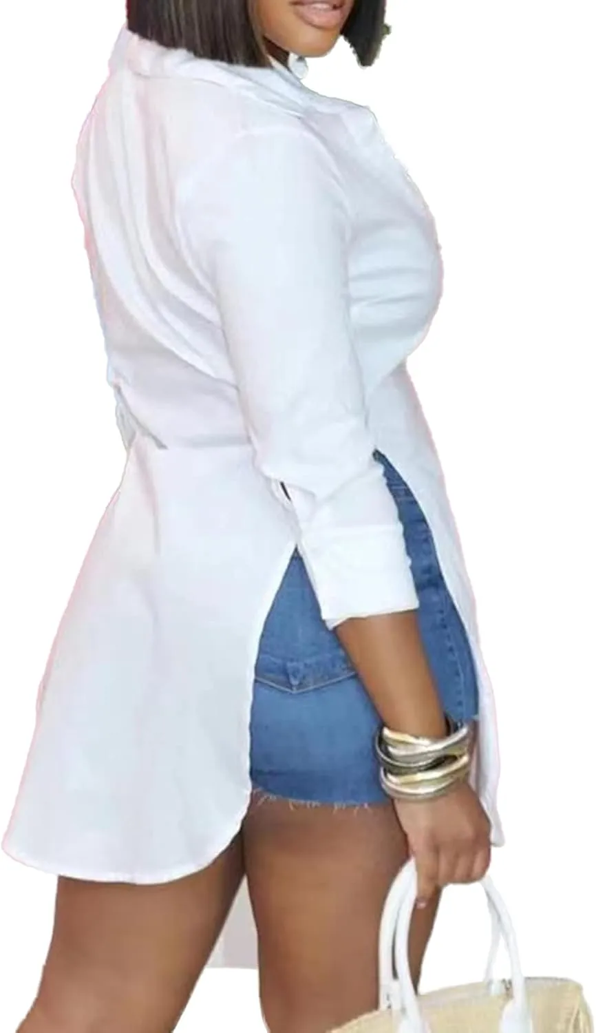 LYANER Women's Collar V Neck Button Front Long Sleeve Slit Hem Long Shirt Blouse Top