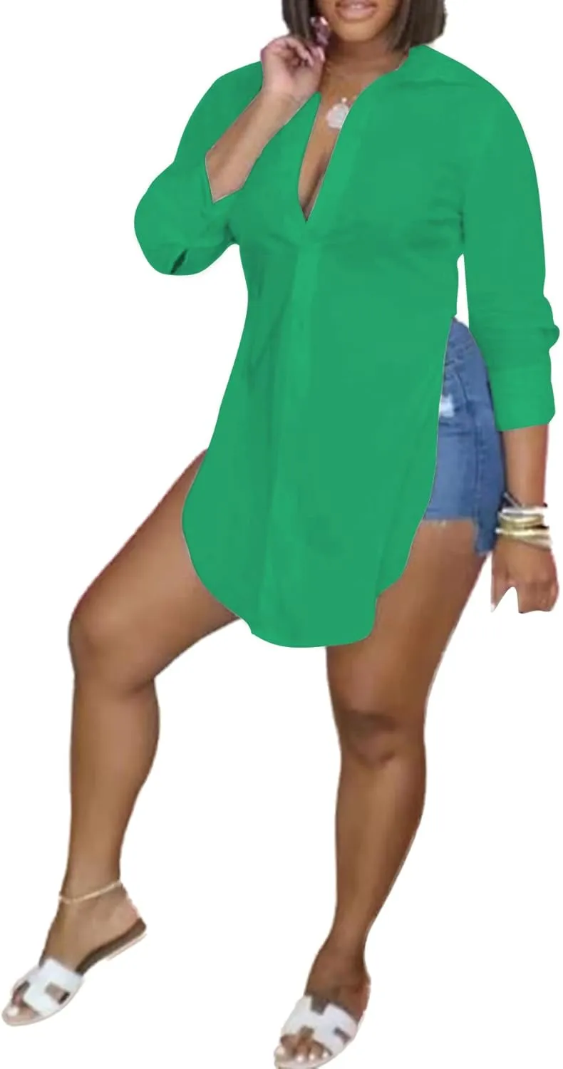 LYANER Women's Collar V Neck Button Front Long Sleeve Slit Hem Long Shirt Blouse Top