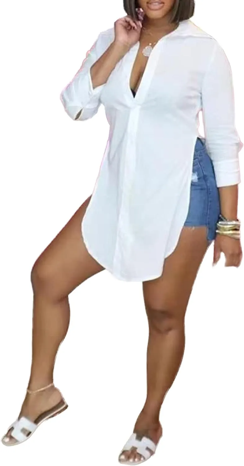 LYANER Women's Collar V Neck Button Front Long Sleeve Slit Hem Long Shirt Blouse Top
