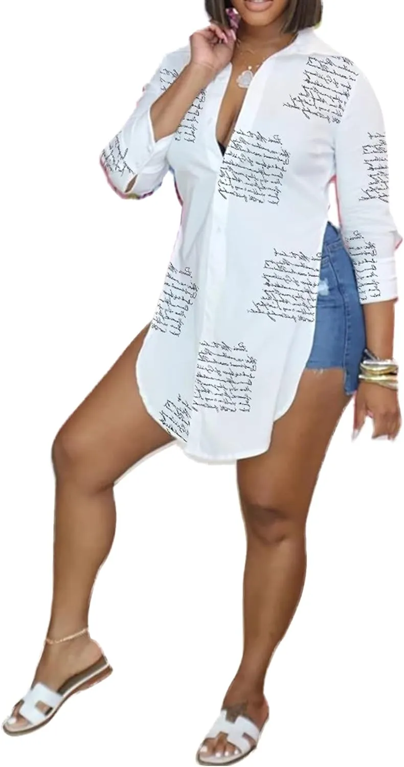 LYANER Women's Collar V Neck Button Front Long Sleeve Slit Hem Long Shirt Blouse Top