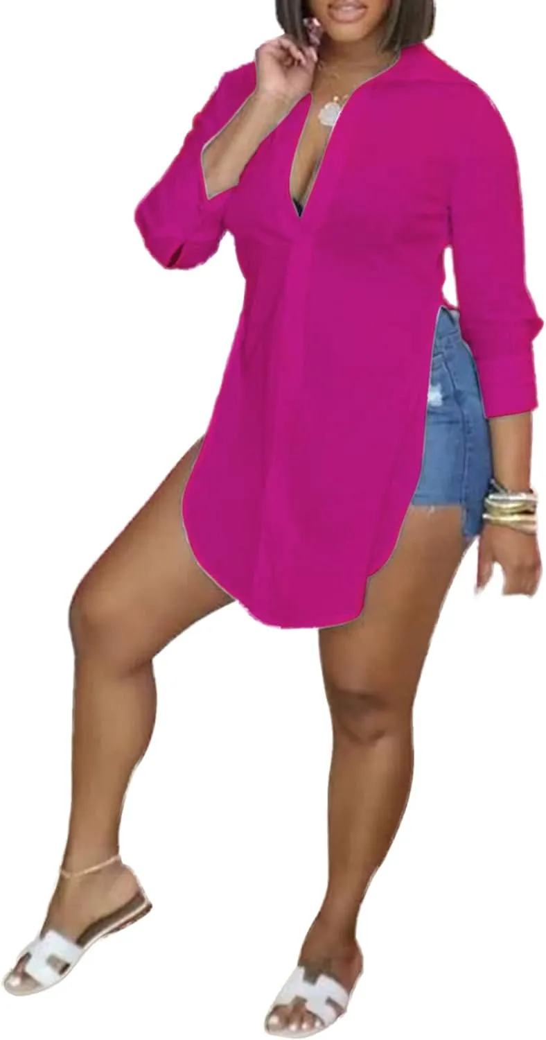 LYANER Women's Collar V Neck Button Front Long Sleeve Slit Hem Long Shirt Blouse Top