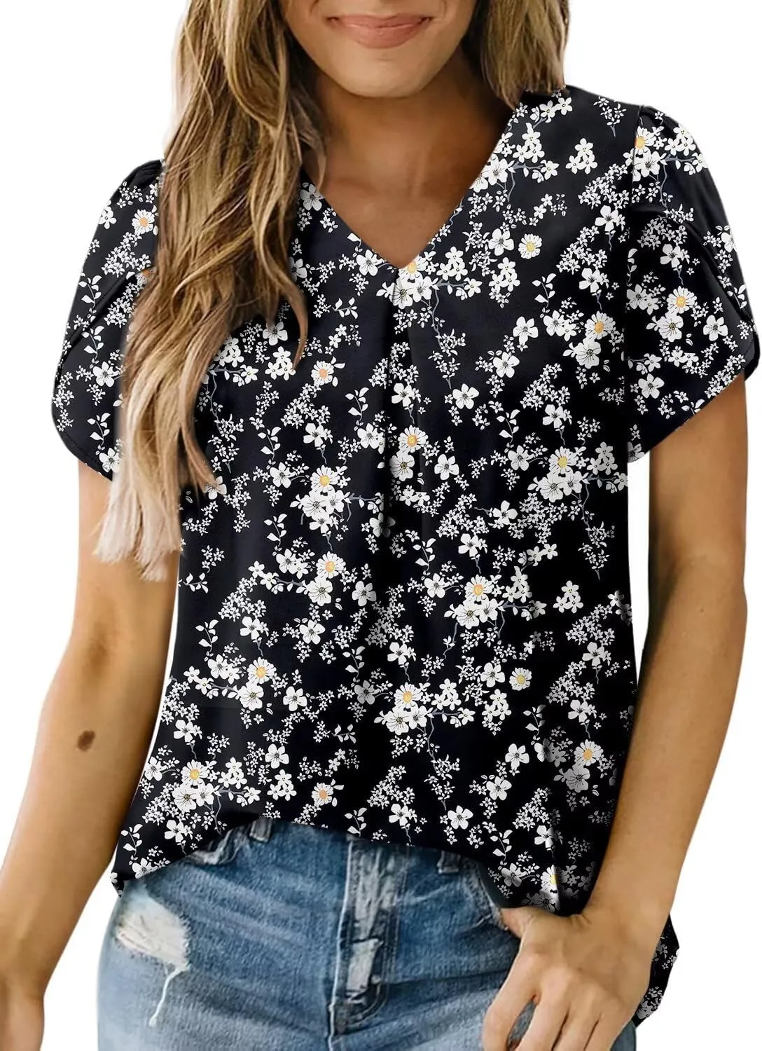 Magritta Womens Tops Dressy Casual Short Sleeve Pleated Tshirt 2025 Summer Loose Fitting Blouse Fashion V Neck Business Shirt