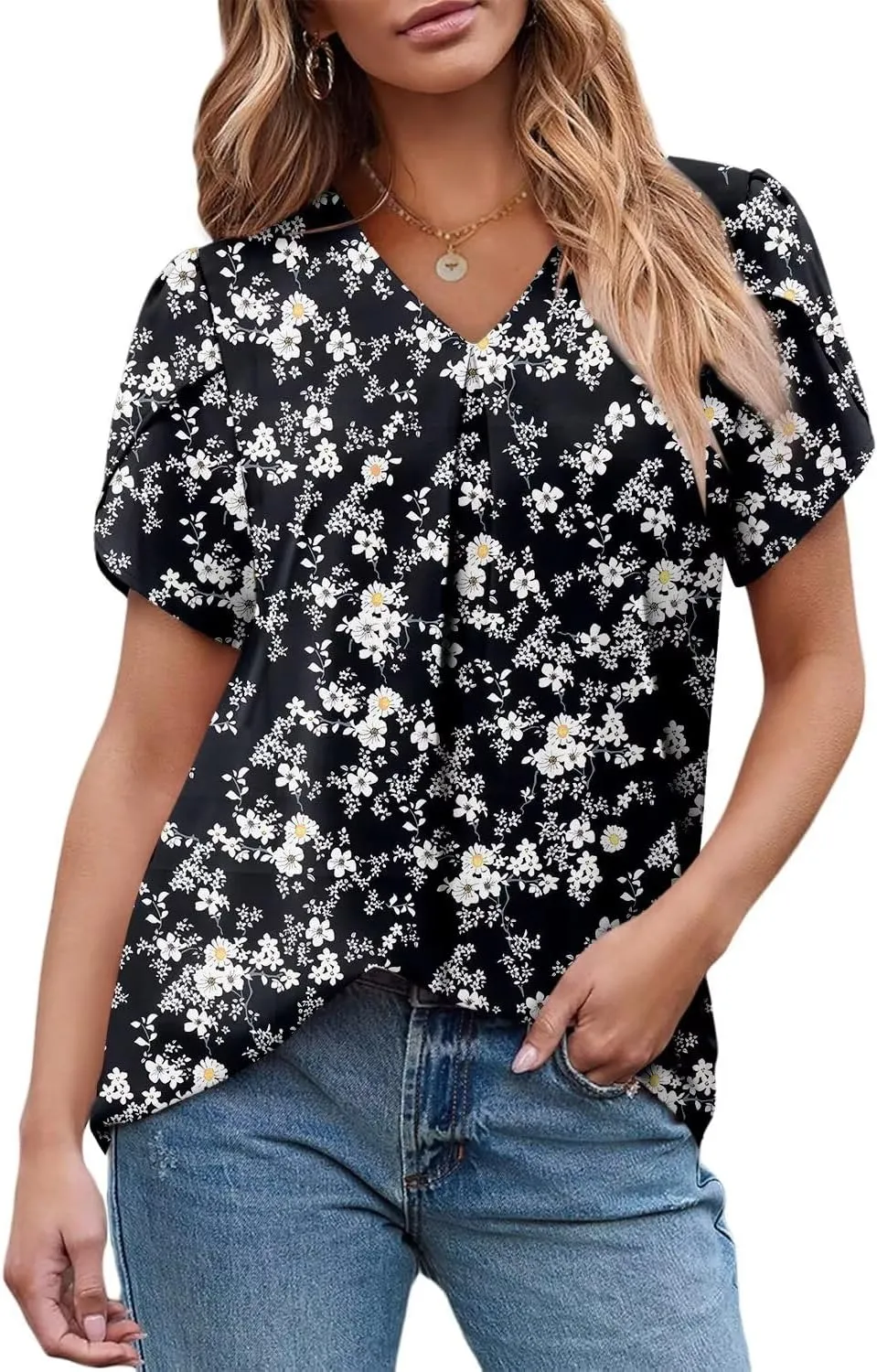 Magritta Womens Tops Dressy Casual Short Sleeve Pleated Tshirt 2025 Summer Loose Fitting Blouse Fashion V Neck Business Shirt