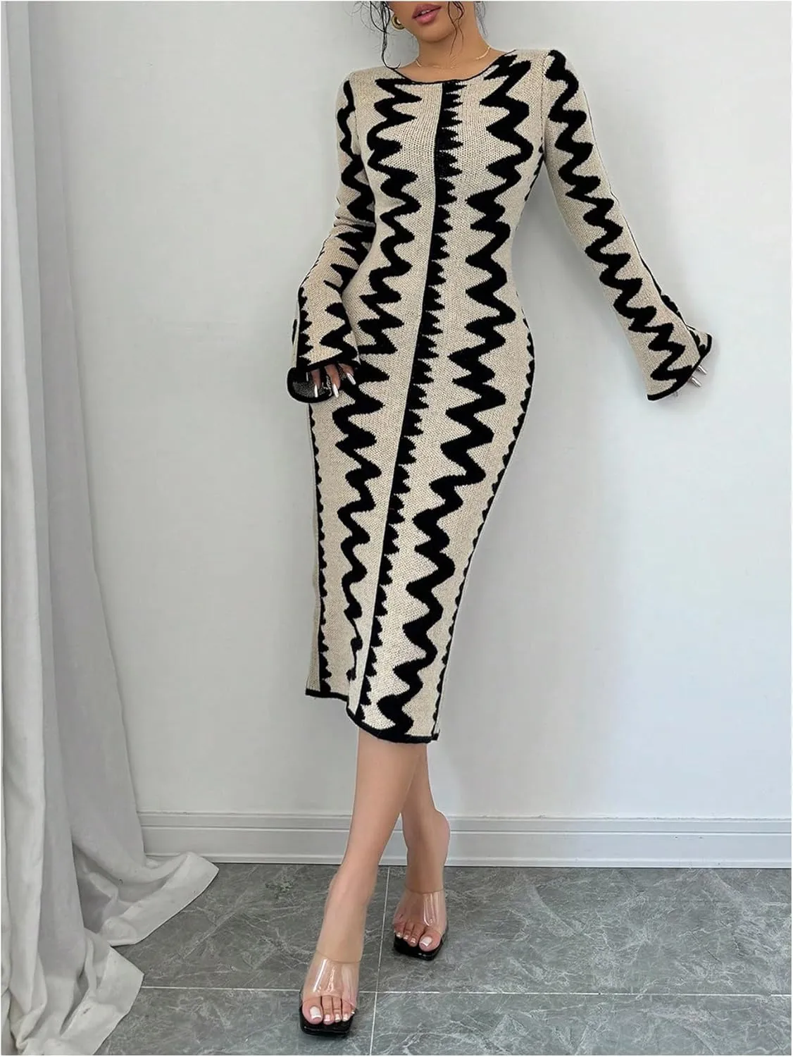 MakeMeChic Women's Graphic Long Sleeve Sweater Dress Bodycon Midi Dresses