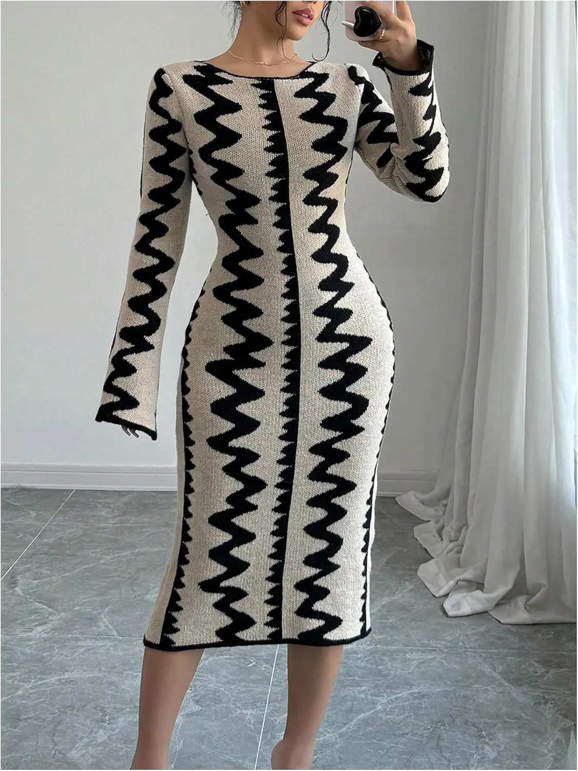 MakeMeChic Women's Graphic Long Sleeve Sweater Dress Bodycon Midi Dresses