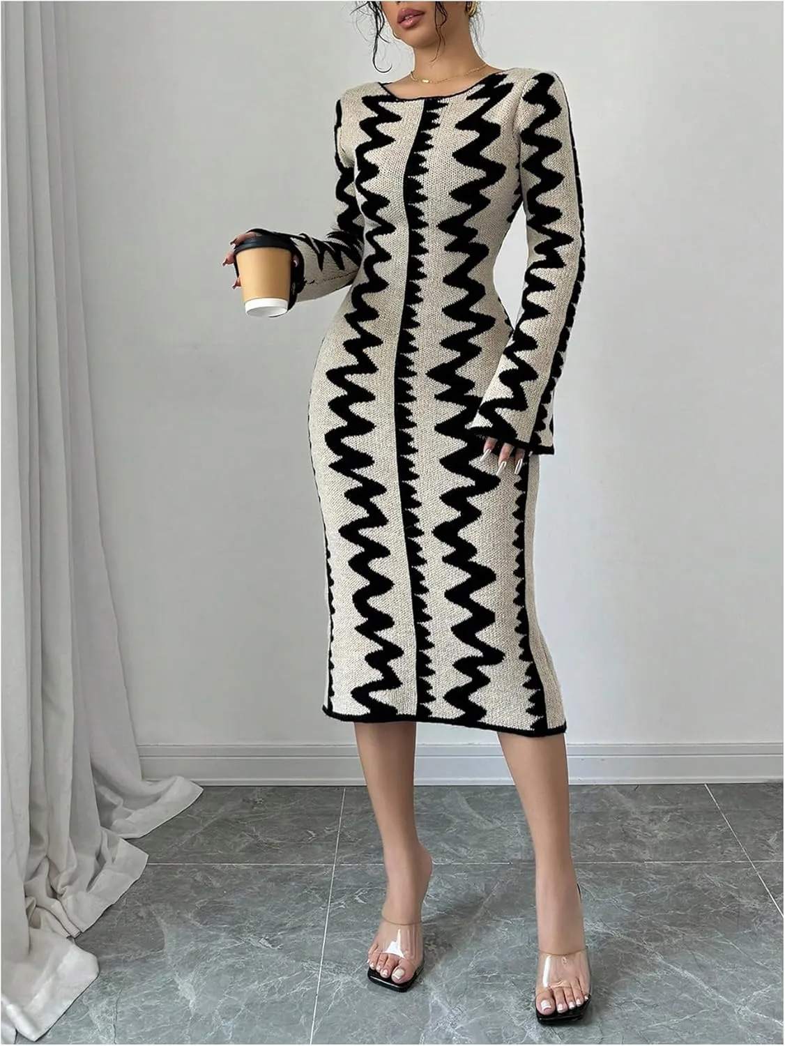 MakeMeChic Women's Graphic Long Sleeve Sweater Dress Bodycon Midi Dresses
