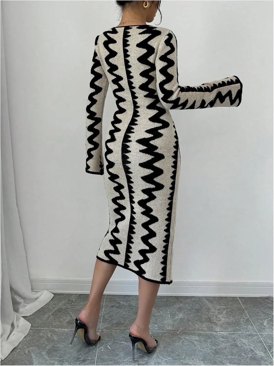 MakeMeChic Women's Graphic Long Sleeve Sweater Dress Bodycon Midi Dresses