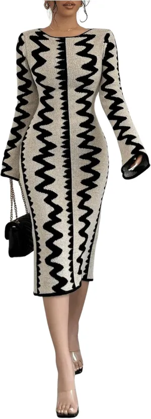 MakeMeChic Women's Graphic Long Sleeve Sweater Dress Bodycon Midi Dresses