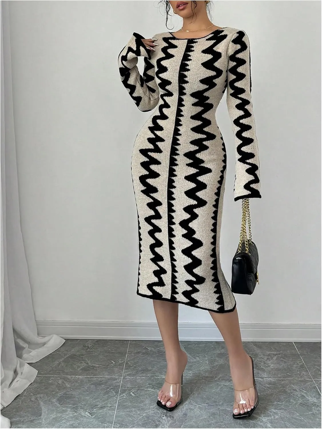 MakeMeChic Women's Graphic Long Sleeve Sweater Dress Bodycon Midi Dresses