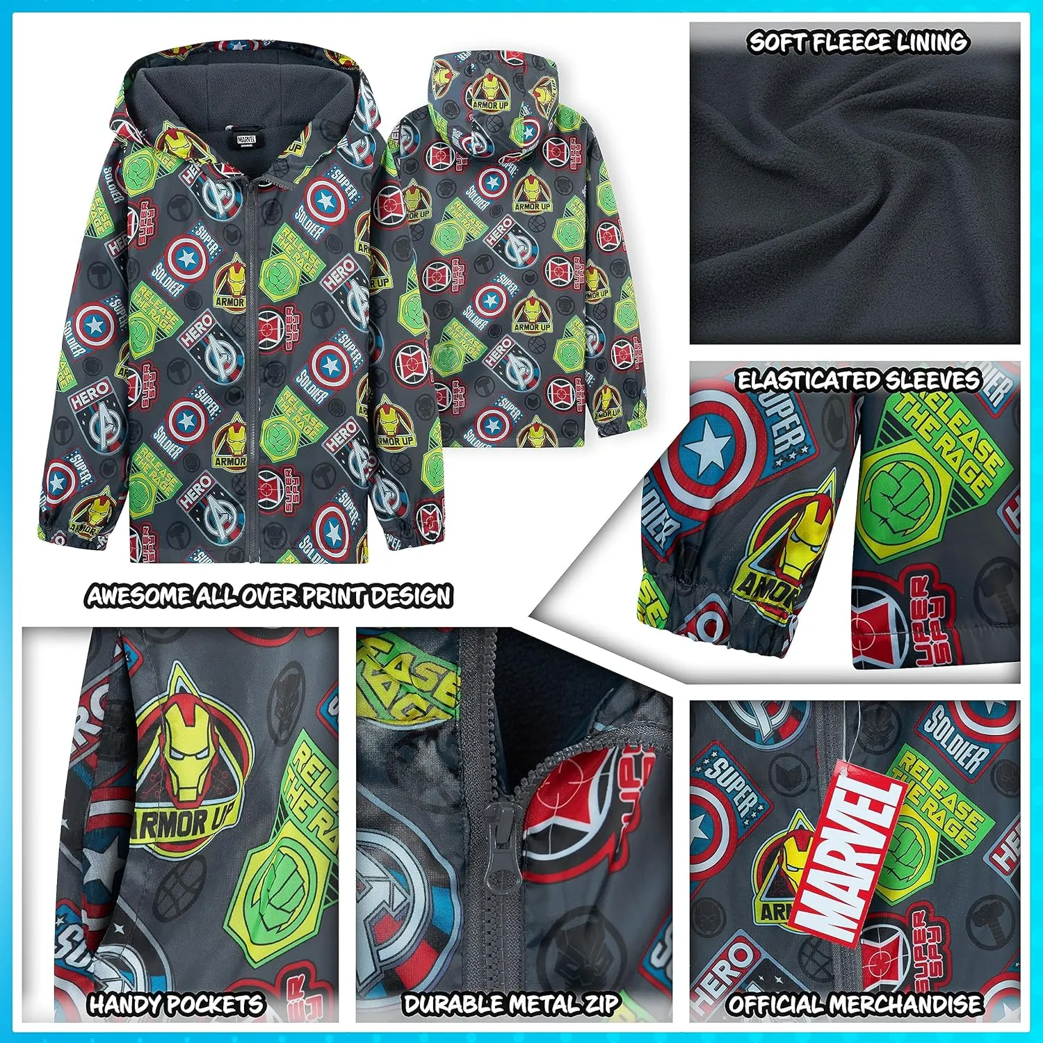 Marvel Boys Waterproof Jacket Avengers Spiderman Hooded Jacket Fleece Lining Raincoat for Boys Teenagers 4-14 Years