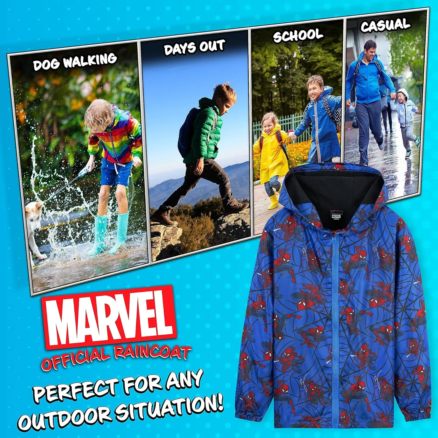 Marvel Boys Waterproof Jacket Avengers Spiderman Hooded Jacket Fleece Lining Raincoat for Boys Teenagers 4-14 Years